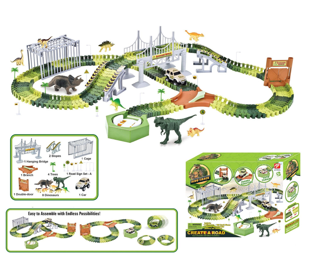 A dinosaur track racing toy suitable for children aged 3-5, creating a dinosaur world road race with a flexible track toy set